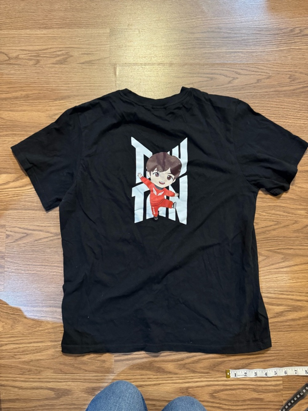 Black Short-Sleeve Graphic Tee with Red Character Motif